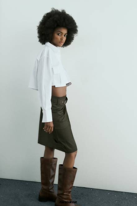 Zara vêtements P66V432 femmes chemise raccourcie en gabardine blanc