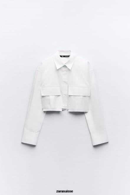 Zara vêtements P66V432 femmes chemise raccourcie en gabardine blanc