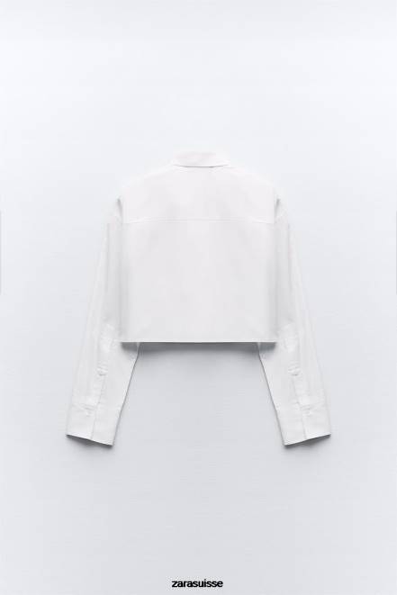 Zara vêtements P66V432 femmes chemise raccourcie en gabardine blanc