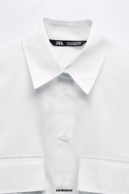 Zara vêtements P66V432 femmes chemise raccourcie en gabardine blanc