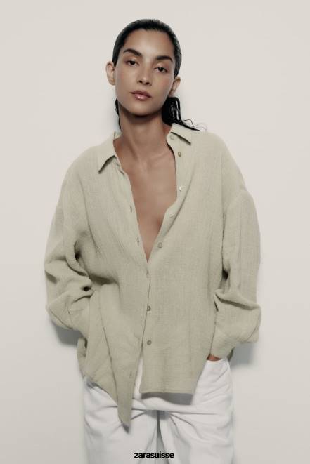 Zara vêtements P66V433 femmes chemise oversize en lin vert clair