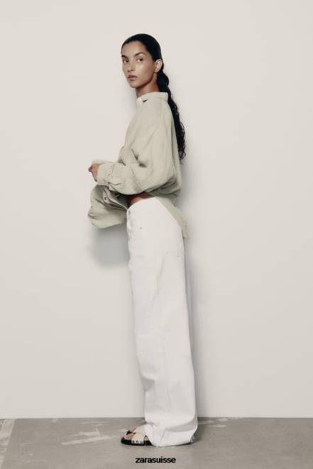 Zara vêtements P66V433 femmes chemise oversize en lin vert clair