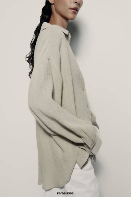 Zara vêtements P66V433 femmes chemise oversize en lin vert clair