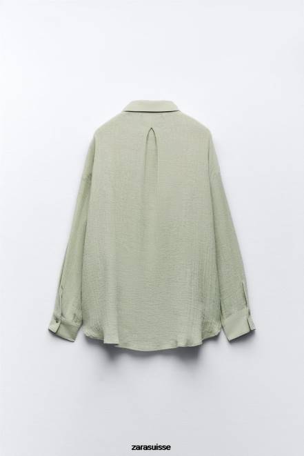 Zara vêtements P66V433 femmes chemise oversize en lin vert clair