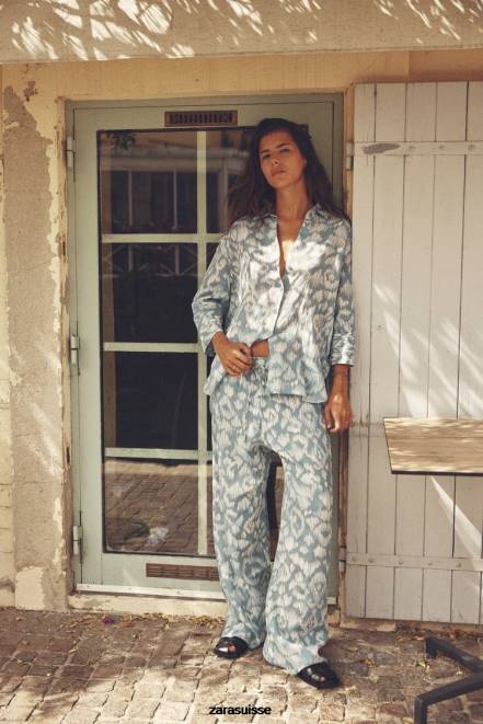 Zara vêtements P66V434 femmes chemise en ramie imprimée bleu vert