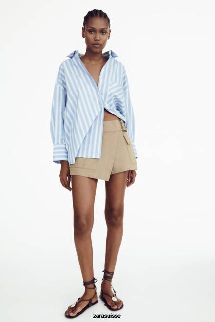 Zara vêtements P66V435 femmes chemise oversize à rayures bleu blanc