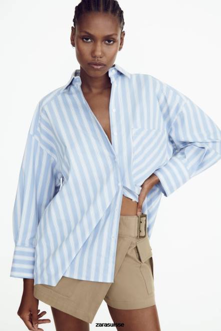Zara vêtements P66V435 femmes chemise oversize à rayures bleu blanc