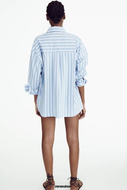 Zara vêtements P66V435 femmes chemise oversize à rayures bleu blanc