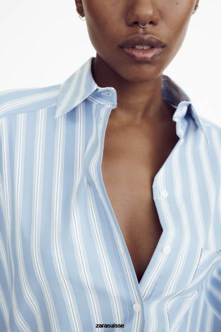 Zara vêtements P66V435 femmes chemise oversize à rayures bleu blanc