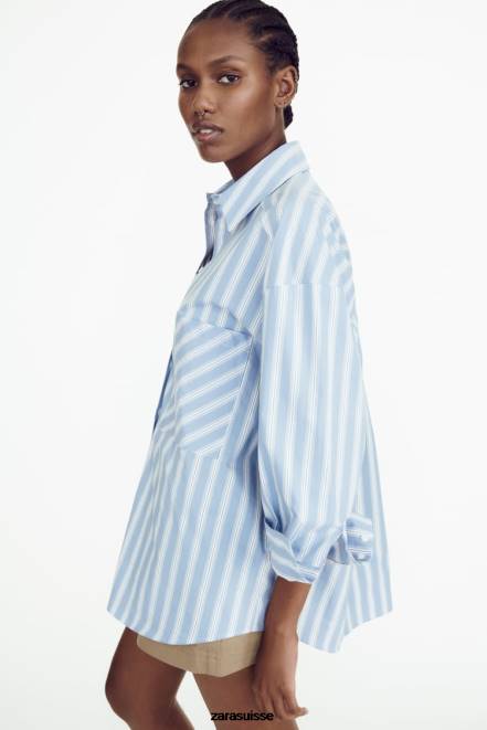 Zara vêtements P66V435 femmes chemise oversize à rayures bleu blanc
