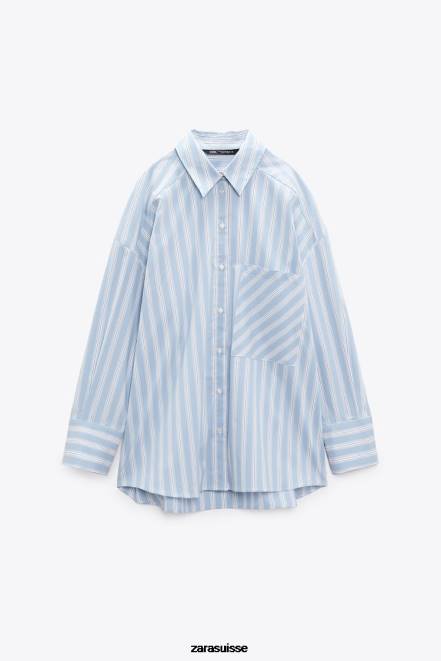 Zara vêtements P66V435 femmes chemise oversize à rayures bleu blanc