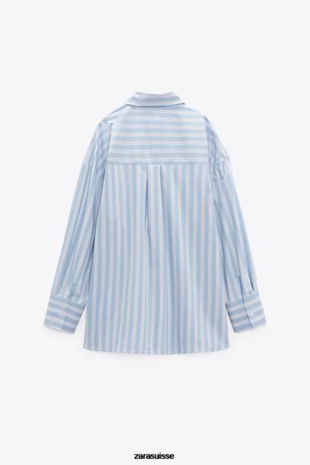 Zara vêtements P66V435 femmes chemise oversize à rayures bleu blanc