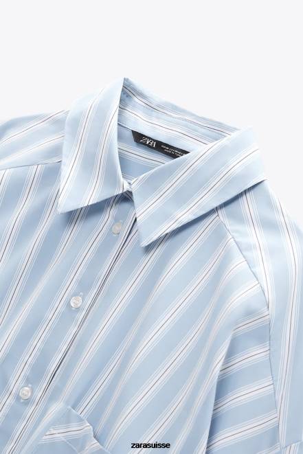 Zara vêtements P66V435 femmes chemise oversize à rayures bleu blanc