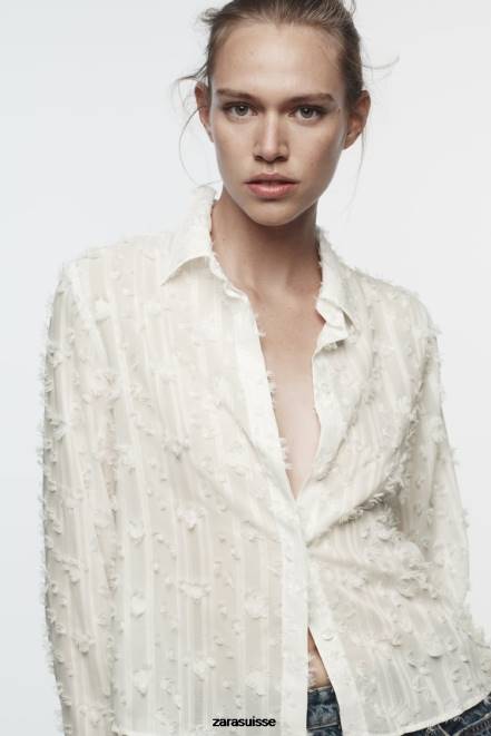 Zara vêtements P66V437 femmes chemise effilochée blanc