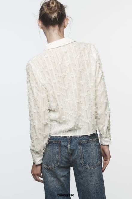 Zara vêtements P66V437 femmes chemise effilochée blanc