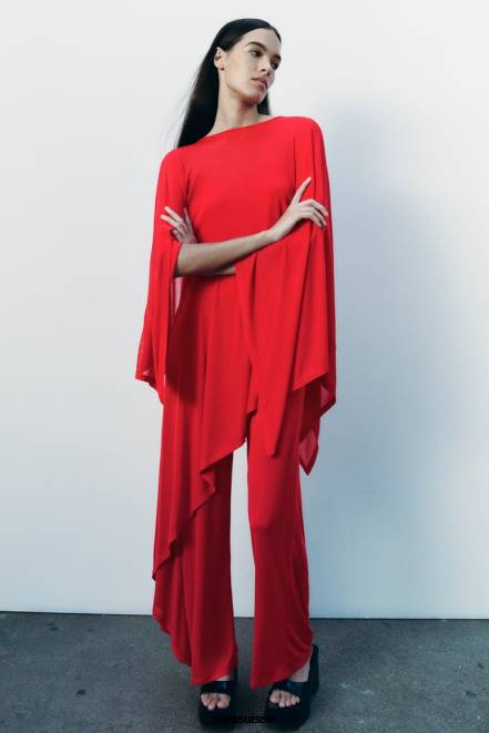 Zara vêtements P66V438 femmes cape asymétrique fluide rouge