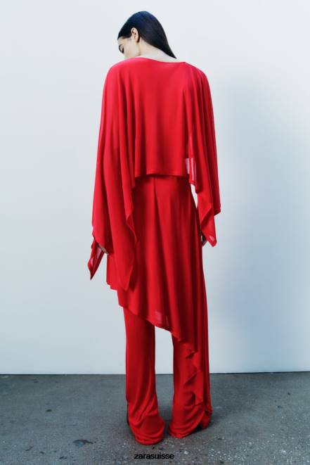 Zara vêtements P66V438 femmes cape asymétrique fluide rouge