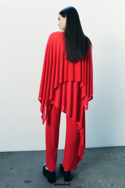 Zara vêtements P66V438 femmes cape asymétrique fluide rouge