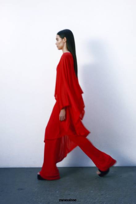 Zara vêtements P66V438 femmes cape asymétrique fluide rouge
