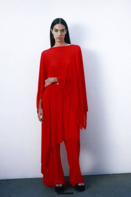Zara vêtements P66V438 femmes cape asymétrique fluide rouge