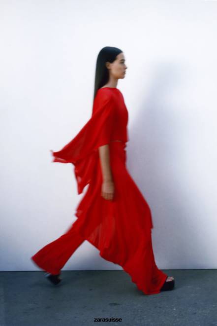 Zara vêtements P66V438 femmes cape asymétrique fluide rouge