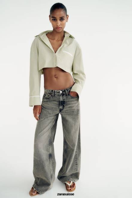 Zara vêtements P66V439 femmes chemise courte en popeline à rayures vert clair