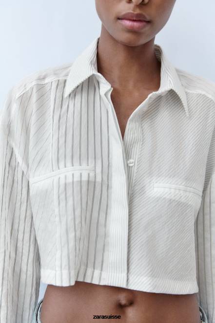 Zara vêtements P66V440 femmes chemise courte à rayures noir blanc