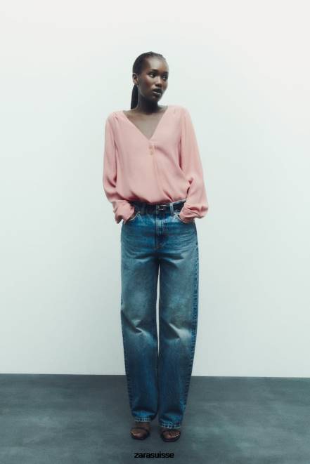 Zara vêtements P66V441 femmes chemisier avec boutons dorés rose