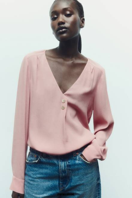 Zara vêtements P66V441 femmes chemisier avec boutons dorés rose