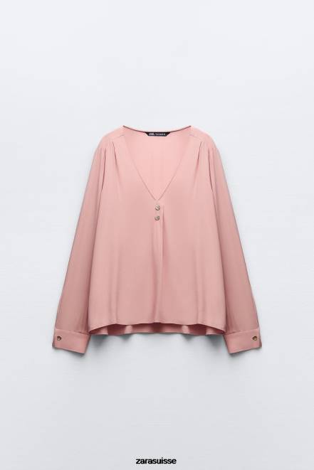 Zara vêtements P66V441 femmes chemisier avec boutons dorés rose