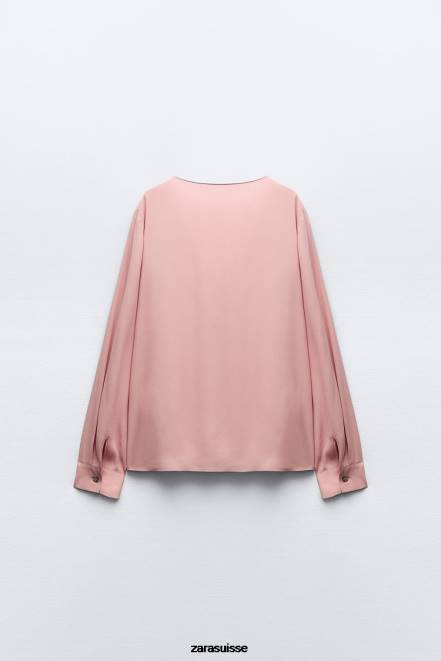 Zara vêtements P66V441 femmes chemisier avec boutons dorés rose