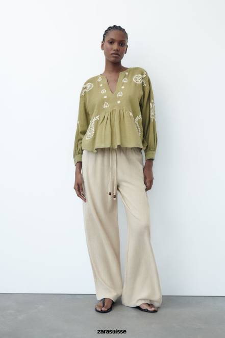 Zara vêtements P66V445 femmes blouse oversize brodée kaki clair