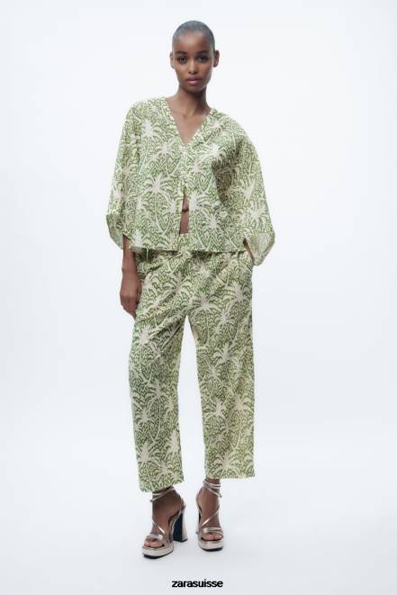 Zara vêtements P66V447 femmes blouse en coton imprimé vert