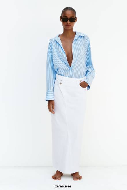 Zara vêtements P66V448 femmes chemise fluide basique à rayures bleu blanc