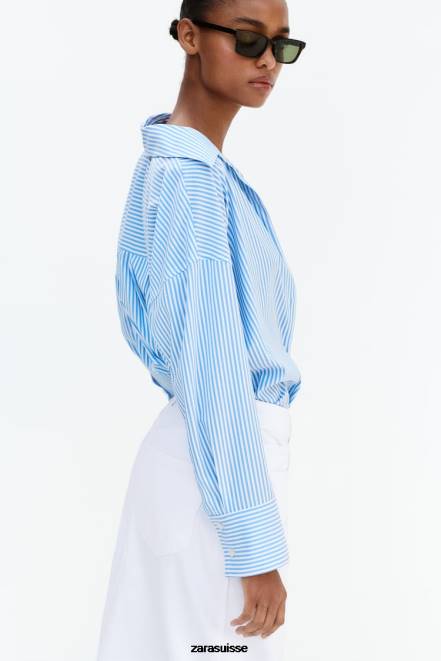 Zara vêtements P66V448 femmes chemise fluide basique à rayures bleu blanc