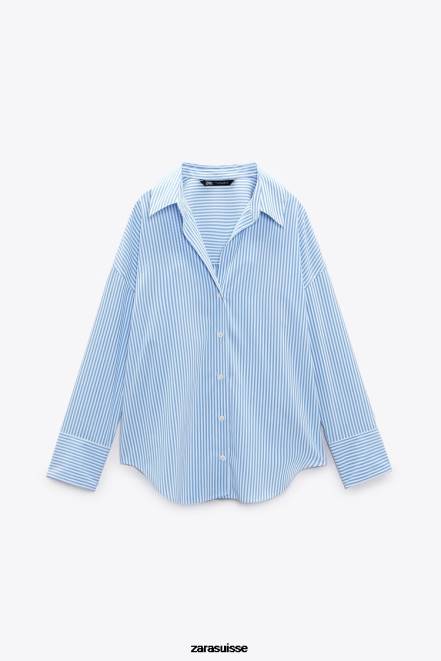 Zara vêtements P66V448 femmes chemise fluide basique à rayures bleu blanc
