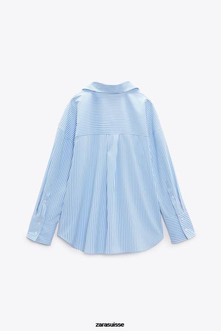 Zara vêtements P66V448 femmes chemise fluide basique à rayures bleu blanc