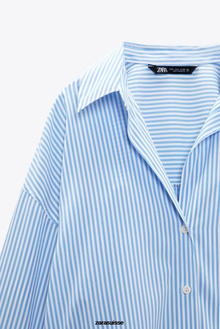 Zara vêtements P66V448 femmes chemise fluide basique à rayures bleu blanc