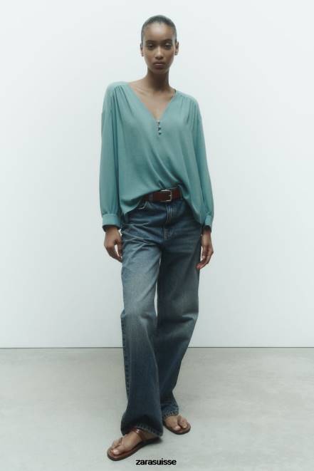 Zara vêtements P66V454 femmes blouse oversize fluide et froncée bleu/acier