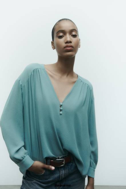 Zara vêtements P66V454 femmes blouse oversize fluide et froncée bleu/acier