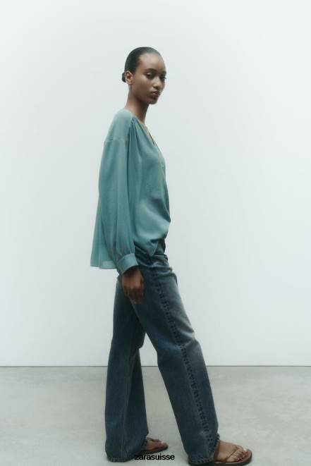 Zara vêtements P66V454 femmes blouse oversize fluide et froncée bleu/acier