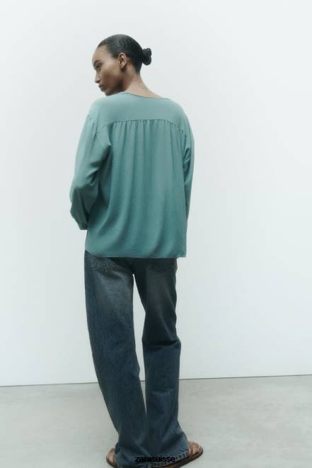 Zara vêtements P66V454 femmes blouse oversize fluide et froncée bleu/acier