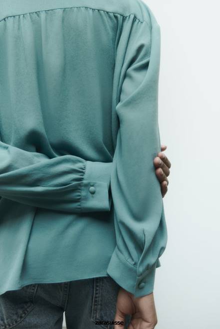 Zara vêtements P66V454 femmes blouse oversize fluide et froncée bleu/acier