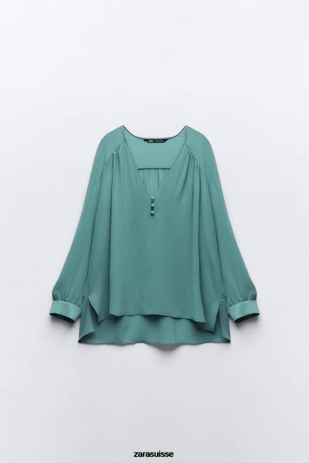 Zara vêtements P66V454 femmes blouse oversize fluide et froncée bleu/acier