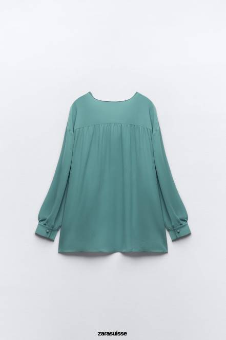Zara vêtements P66V454 femmes blouse oversize fluide et froncée bleu/acier