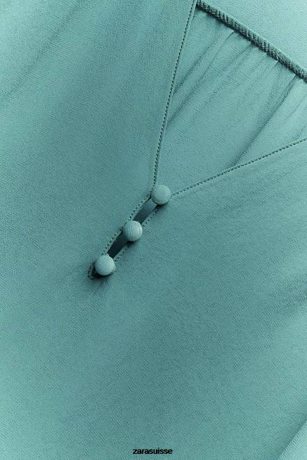 Zara vêtements P66V454 femmes blouse oversize fluide et froncée bleu/acier