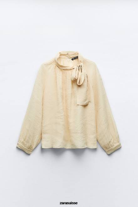 Zara vêtements P66V455 femmes blouse à col noué beige