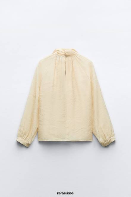 Zara vêtements P66V455 femmes blouse à col noué beige