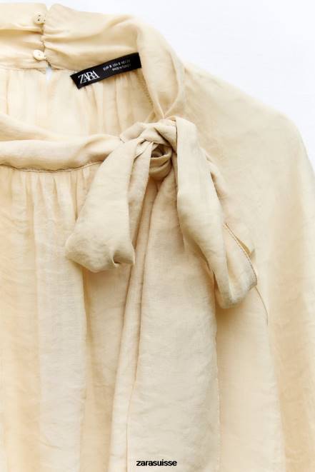 Zara vêtements P66V455 femmes blouse à col noué beige