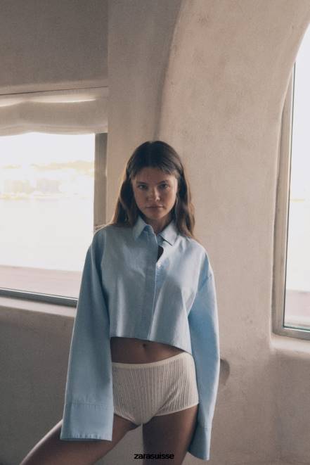 Zara vêtements P66V456 femmes chemise courte à dos croisé bleu clair